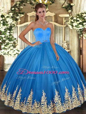 Captivating Sleeveless Tulle Floor Length Lace Up Ball Gown Prom Dress in Blue with Appliques