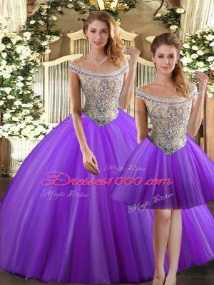 Low Price Eggplant Purple Lace Up Bateau Beading Sweet 16 Dress Tulle Sleeveless