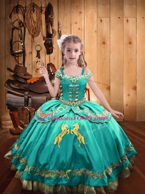 Aqua Blue Little Girl Pageant Gowns Sweet 16 and Quinceanera with Beading and Embroidery Off The Shoulder Sleeveless Lace Up