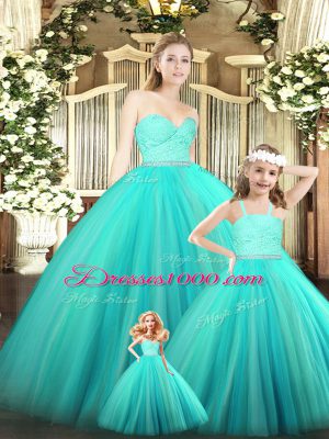Luxury Turquoise Zipper Sweetheart Beading and Lace Ball Gown Prom Dress Tulle Sleeveless