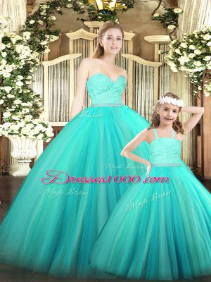 Luxury Turquoise Zipper Sweetheart Beading and Lace Ball Gown Prom Dress Tulle Sleeveless