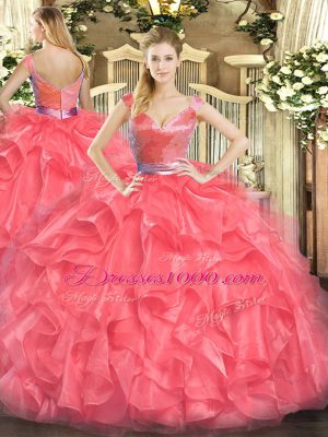 Suitable Coral Red Ball Gowns Beading and Ruffles Vestidos de Quinceanera Zipper Tulle Sleeveless Floor Length