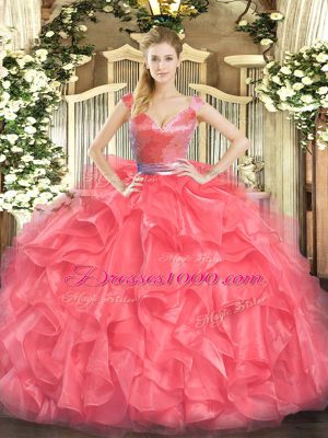 Suitable Coral Red Ball Gowns Beading and Ruffles Vestidos de Quinceanera Zipper Tulle Sleeveless Floor Length