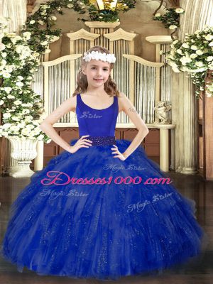 Scoop Sleeveless Little Girls Pageant Gowns Floor Length Beading and Ruffles Royal Blue Tulle