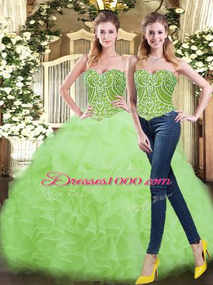 Extravagant Floor Length Lace Up Sweet 16 Dress Yellow Green for Military Ball and Sweet 16 and Quinceanera with Beading and Ruffles