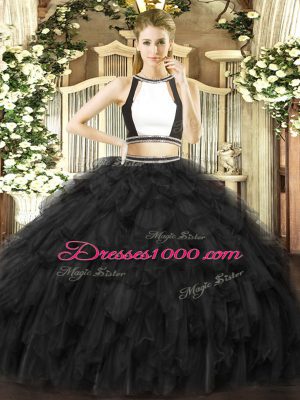 Delicate Sleeveless Floor Length Ruffles Backless 15 Quinceanera Dress with Black