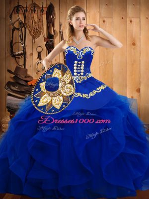 Affordable Blue Organza Lace Up Sweet 16 Dresses Sleeveless Floor Length Embroidery and Ruffles