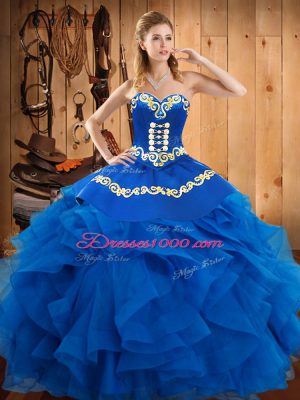 Exceptional Blue Ball Gowns Embroidery and Ruffles Vestidos de Quinceanera Lace Up Satin and Organza Sleeveless Floor Length