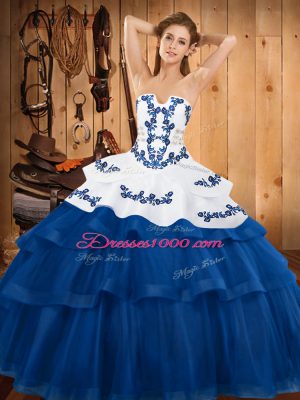 Blue Strapless Lace Up Embroidery and Ruffled Layers Sweet 16 Quinceanera Dress Sweep Train Sleeveless