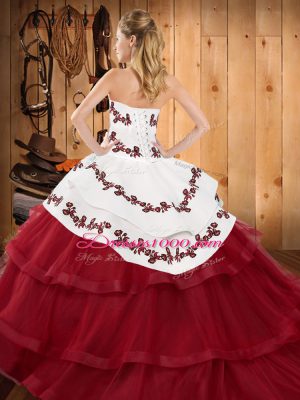 Blue Strapless Lace Up Embroidery and Ruffled Layers Sweet 16 Quinceanera Dress Sweep Train Sleeveless