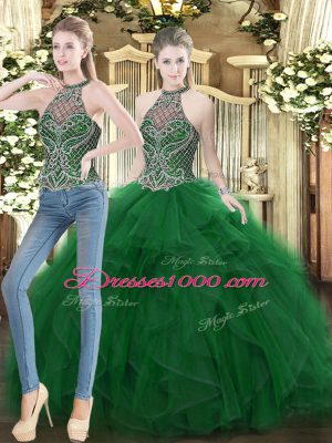 Sumptuous Dark Green Lace Up High-neck Beading and Ruffles Ball Gown Prom Dress Organza Sleeveless
