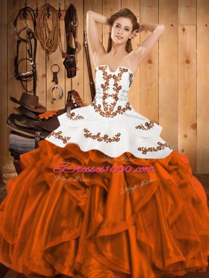 Low Price Orange Red Satin and Organza Lace Up Sweet 16 Quinceanera Dress Sleeveless Floor Length Embroidery and Ruffles