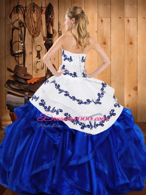 Low Price Orange Red Satin and Organza Lace Up Sweet 16 Quinceanera Dress Sleeveless Floor Length Embroidery and Ruffles