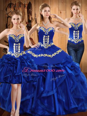 Floor Length Royal Blue 15th Birthday Dress Organza Sleeveless Embroidery and Ruffles