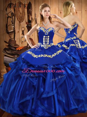 Floor Length Royal Blue 15th Birthday Dress Organza Sleeveless Embroidery and Ruffles