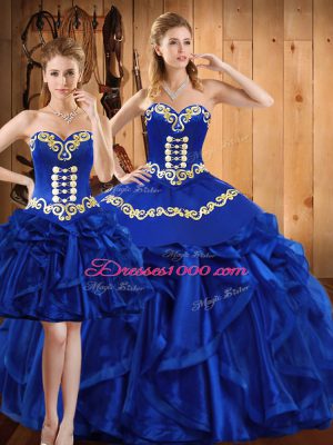 Floor Length Royal Blue 15th Birthday Dress Organza Sleeveless Embroidery and Ruffles