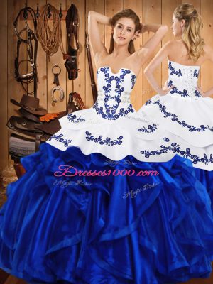 Sleeveless Satin and Organza Floor Length Lace Up Quince Ball Gowns in Blue with Embroidery and Ruffles