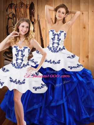 Sleeveless Satin and Organza Floor Length Lace Up Quince Ball Gowns in Blue with Embroidery and Ruffles