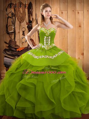 Olive Green Sweetheart Lace Up Embroidery and Ruffles Quinceanera Dresses Sleeveless