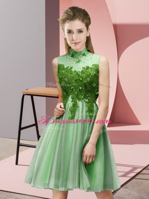 Beauteous Sleeveless Tulle Knee Length Lace Up Bridesmaid Gown in Apple Green with Appliques