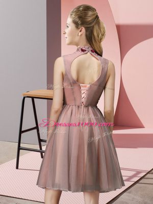 Beauteous Sleeveless Tulle Knee Length Lace Up Bridesmaid Gown in Apple Green with Appliques