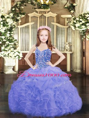 Latest Sleeveless Floor Length Beading and Ruffles and Pick Ups Lace Up Child Pageant Dress with Blue