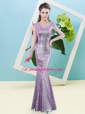 Wonderful Lilac Cap Sleeves Sequined Zipper for Prom and Party