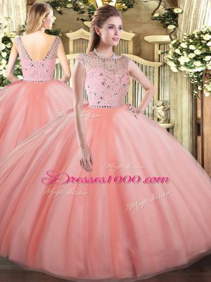 Cheap Peach Sleeveless Floor Length Beading Zipper Sweet 16 Quinceanera Dress