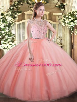 Cheap Peach Sleeveless Floor Length Beading Zipper Sweet 16 Quinceanera Dress