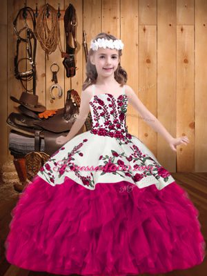 Fuchsia Party Dresses Party and Sweet 16 and Quinceanera and Wedding Party with Embroidery Straps Sleeveless Lace Up