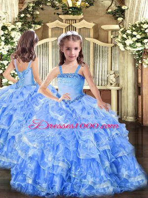 Custom Design Baby Blue Ball Gowns Organza Straps Sleeveless Appliques and Ruffled Layers Floor Length Lace Up Little Girl Pageant Dress