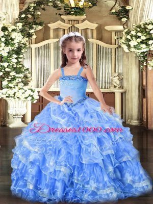 Custom Design Baby Blue Ball Gowns Organza Straps Sleeveless Appliques and Ruffled Layers Floor Length Lace Up Little Girl Pageant Dress