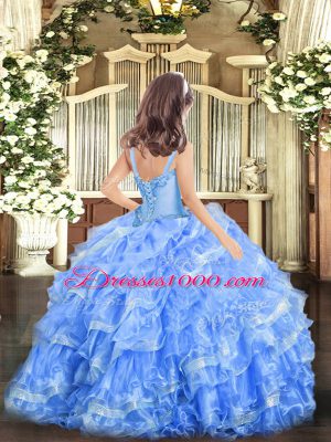 Custom Design Baby Blue Ball Gowns Organza Straps Sleeveless Appliques and Ruffled Layers Floor Length Lace Up Little Girl Pageant Dress