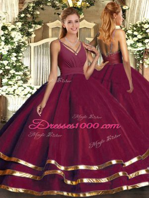 Sumptuous Ruching Sweet 16 Dress Burgundy Backless Sleeveless Floor Length
