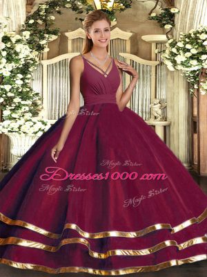 Sumptuous Ruching Sweet 16 Dress Burgundy Backless Sleeveless Floor Length