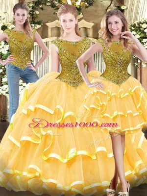 Scoop Sleeveless Tulle 15 Quinceanera Dress Beading and Ruffled Layers Zipper