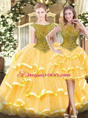 Scoop Sleeveless Tulle 15 Quinceanera Dress Beading and Ruffled Layers Zipper