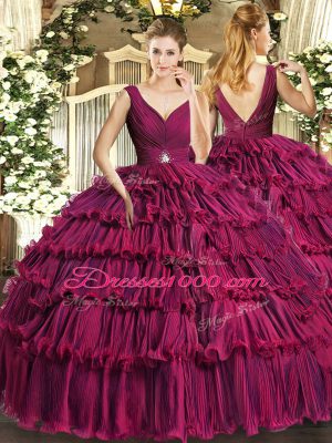 Fuchsia Backless V-neck Beading and Ruffled Layers Quince Ball Gowns Organza Sleeveless