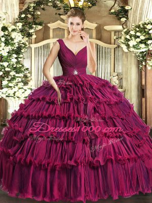 Fuchsia Backless V-neck Beading and Ruffled Layers Quince Ball Gowns Organza Sleeveless