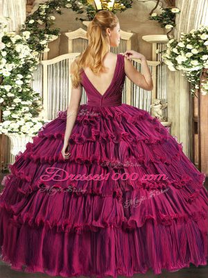 Fuchsia Backless V-neck Beading and Ruffled Layers Quince Ball Gowns Organza Sleeveless