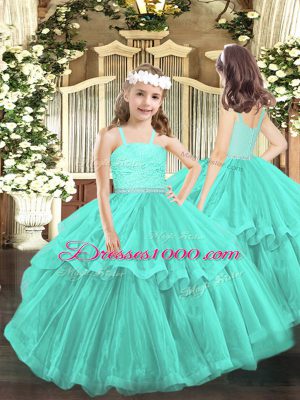 Sleeveless Organza Floor Length Lace Up Vestidos de Quinceanera in Aqua Blue with Lace and Ruffled Layers