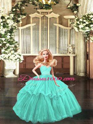 Sleeveless Organza Floor Length Lace Up Vestidos de Quinceanera in Aqua Blue with Lace and Ruffled Layers