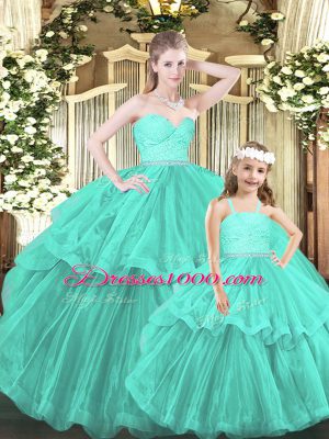 Sleeveless Organza Floor Length Lace Up Vestidos de Quinceanera in Aqua Blue with Lace and Ruffled Layers