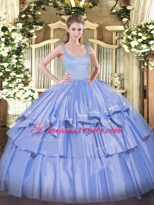 Cute Blue Ball Gowns Taffeta Straps Sleeveless Beading and Ruffled Layers Floor Length Zipper 15th Birthday Dress