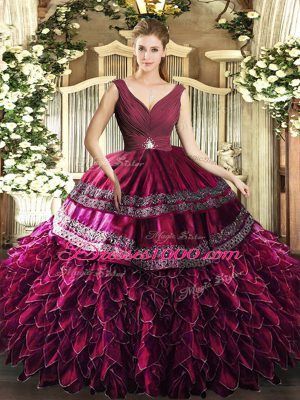 High Class Sleeveless Organza Floor Length Backless Sweet 16 Dresses in Burgundy with Beading and Ruffles