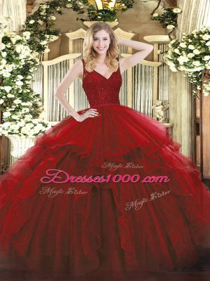 Wine Red V-neck Backless Beading and Lace and Ruffles 15 Quinceanera Dress Sleeveless