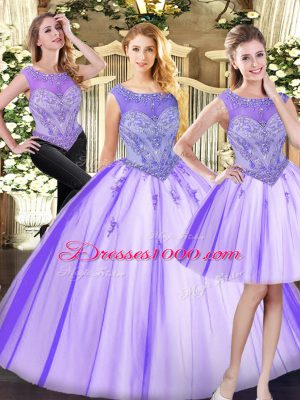 Super Lavender Quinceanera Gowns Military Ball and Sweet 16 and Quinceanera with Beading Scoop Sleeveless Zipper