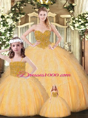 Discount Gold Ball Gowns Tulle Sweetheart Sleeveless Beading Floor Length Lace Up Sweet 16 Quinceanera Dress