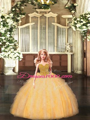 Discount Gold Ball Gowns Tulle Sweetheart Sleeveless Beading Floor Length Lace Up Sweet 16 Quinceanera Dress