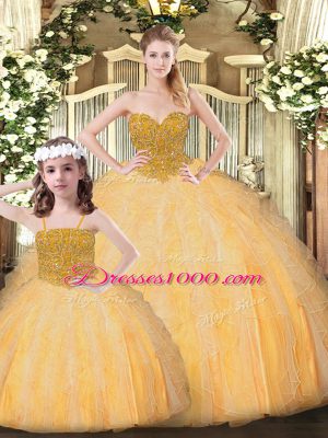 Discount Gold Ball Gowns Tulle Sweetheart Sleeveless Beading Floor Length Lace Up Sweet 16 Quinceanera Dress